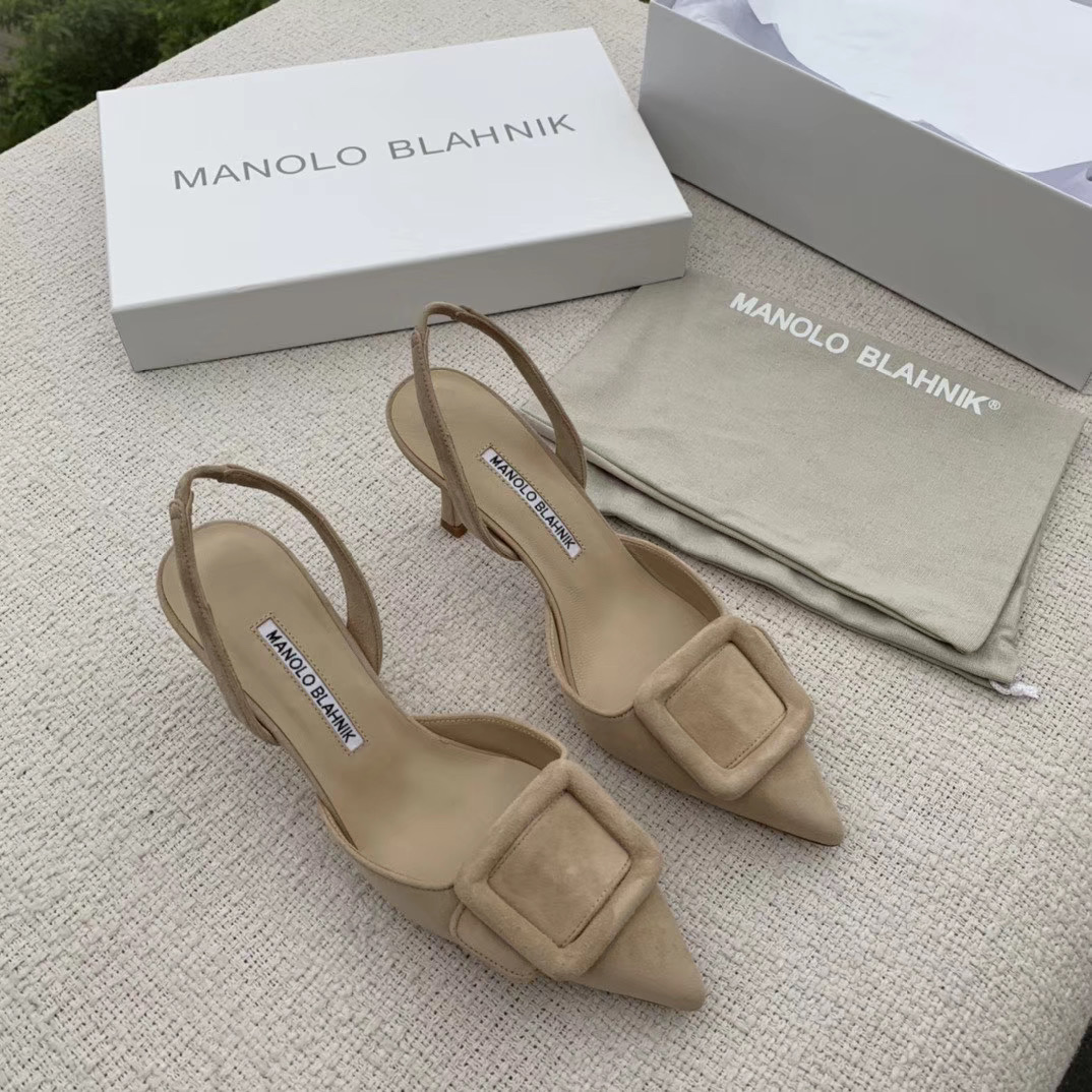 Manolo Blahnik Maysli Beige Suede Slingback Pumps