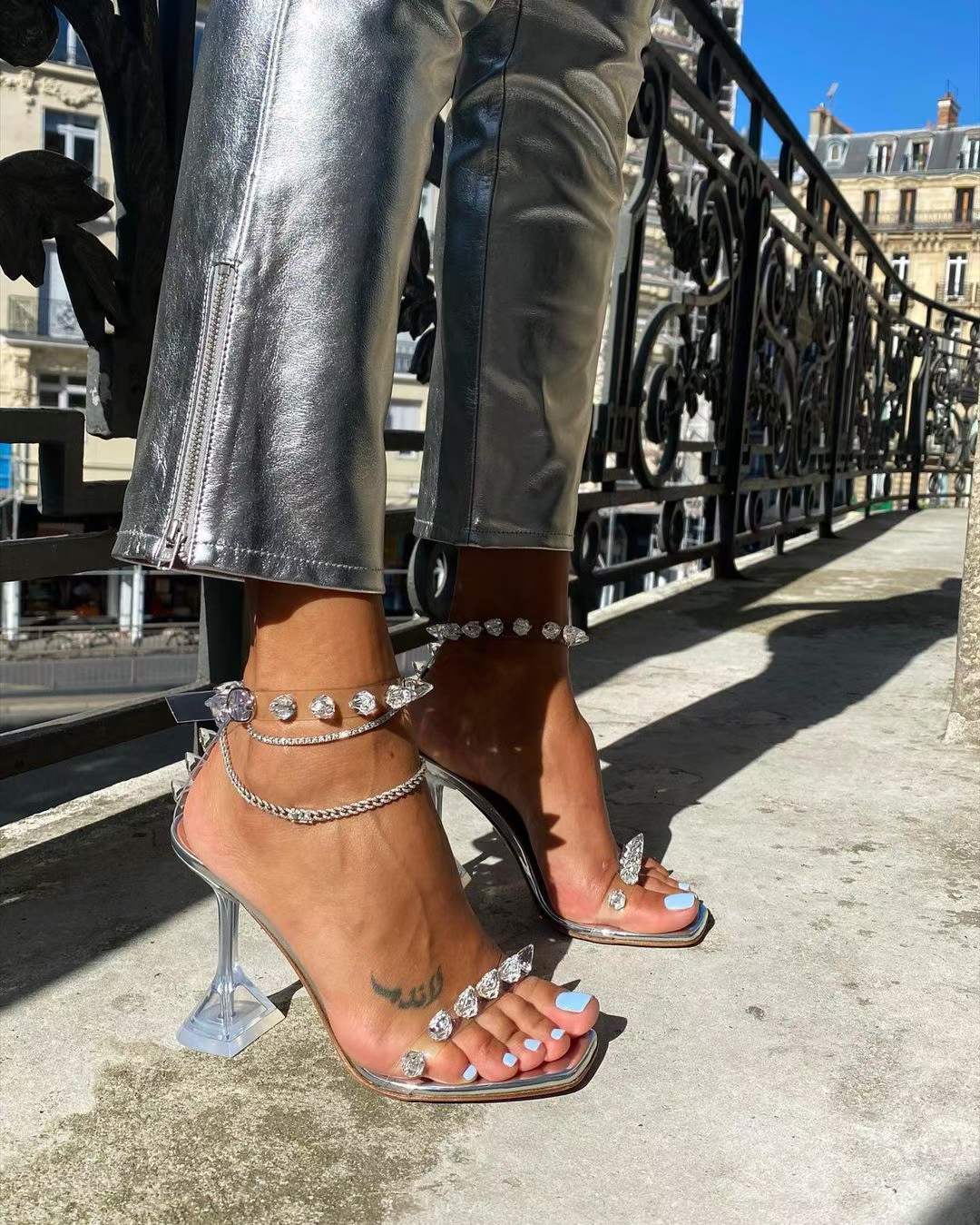 Amina Muaddi Julia Glass Embellished PVC Sandals