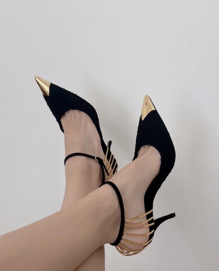 YSL Sling Chain Pumps In Boucle Tweed