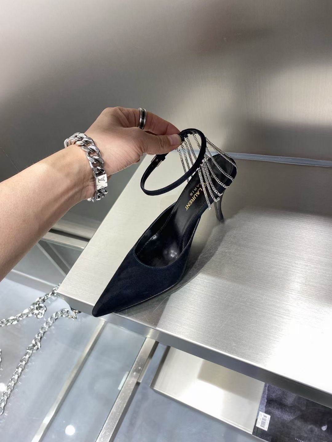 YSL Sling Chain Pumps In Suede