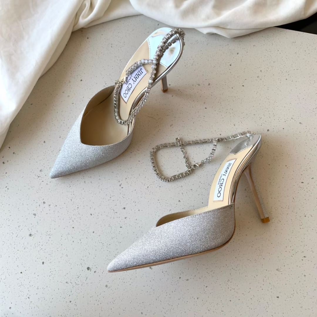 Jimmy Choo Silver Glitter Pumps With Crystal Embellishment