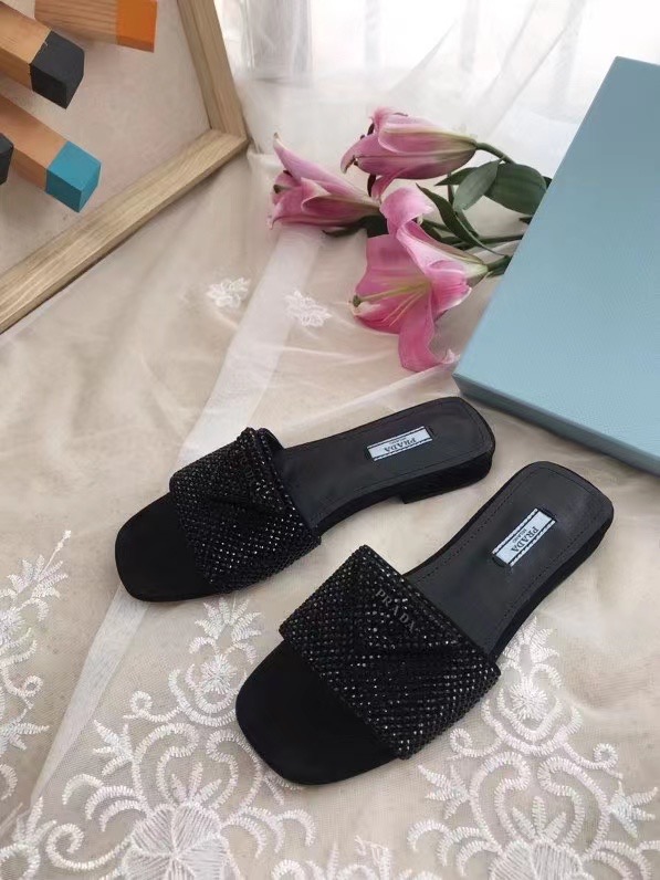 Prada Crystal-Embellished Leather Slides