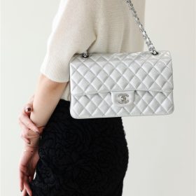 Chanel Classic Double Flap Medium Lambskin Silver Metallic