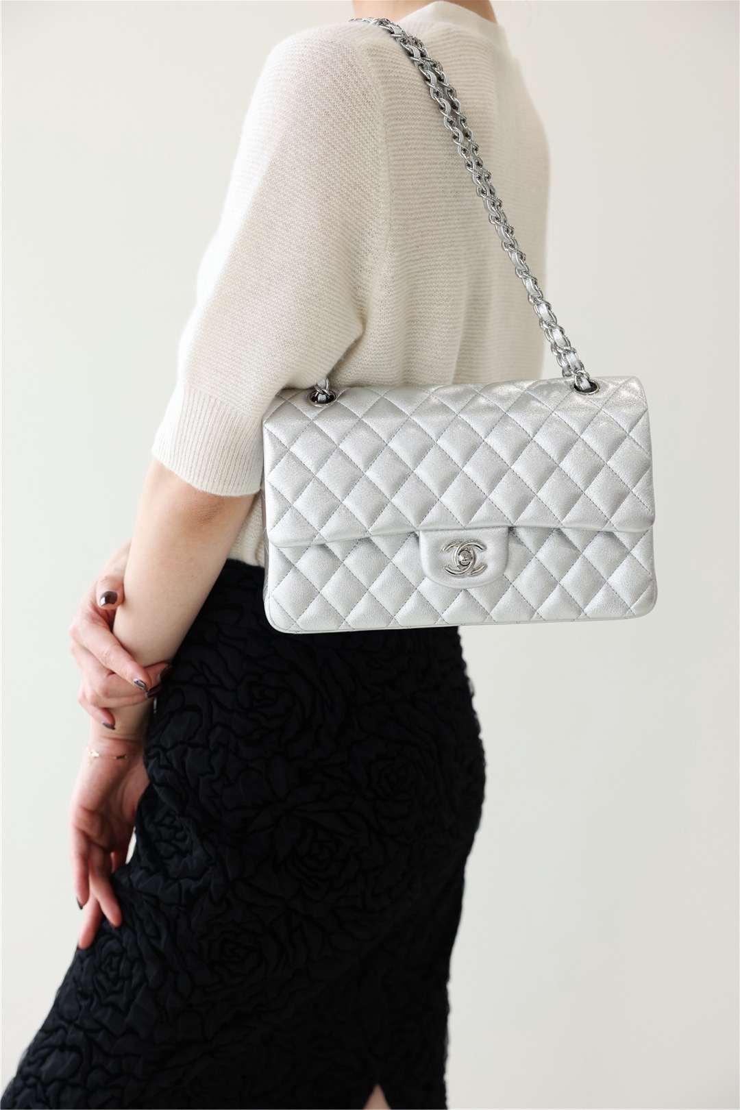 Chanel Classic Double Flap Medium Lambskin Silver Metallic