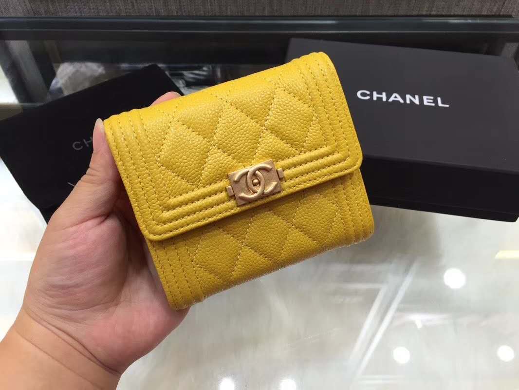 Chanel Boy Small Trifold Wallet Caviar Yellow