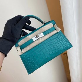 Hermès Kelly 20 Mini Matt Alligator Blue Paon PHW