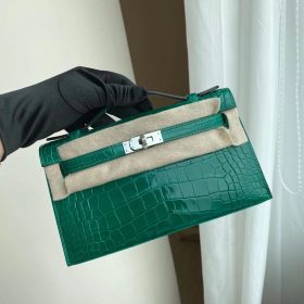 Hermès Kelly Pochette Shiny Alligator Vert Emeraude PHW