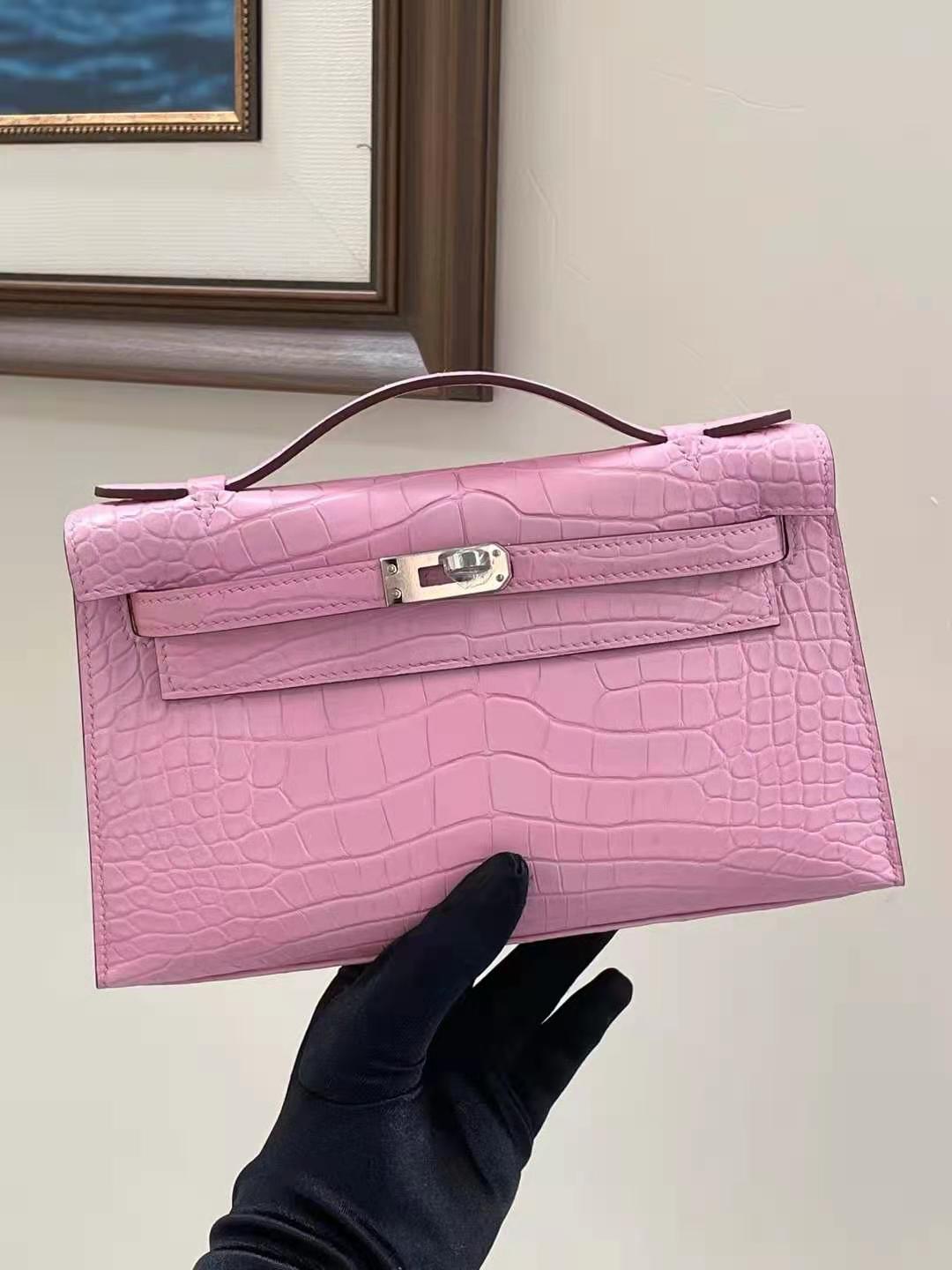 Hermès Kelly Mini 22 Pochette Matte Alligator Rose Sakura