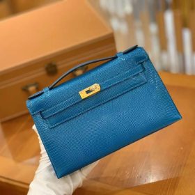 Hermès Kelly Pochette Lizard Bleu Izmir GHW