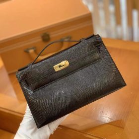 Hermès Kelly Mini 22 Pochette Lizard Black Noir GHW