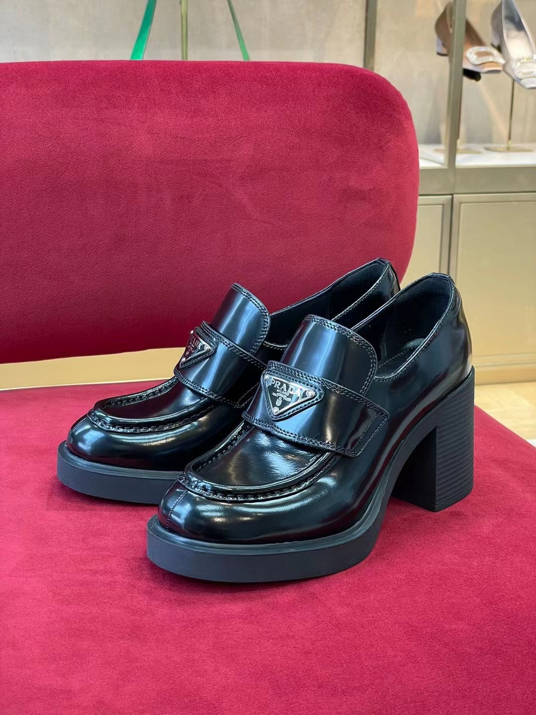 Prada High-Heeled Brushed Leather Loafers