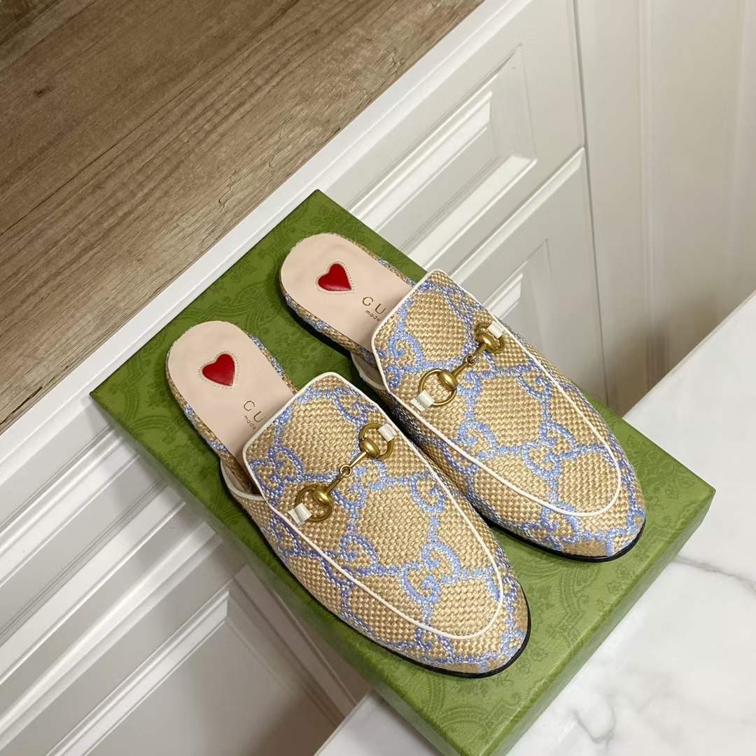Gucci Princetown Raffia GG Logo Mules