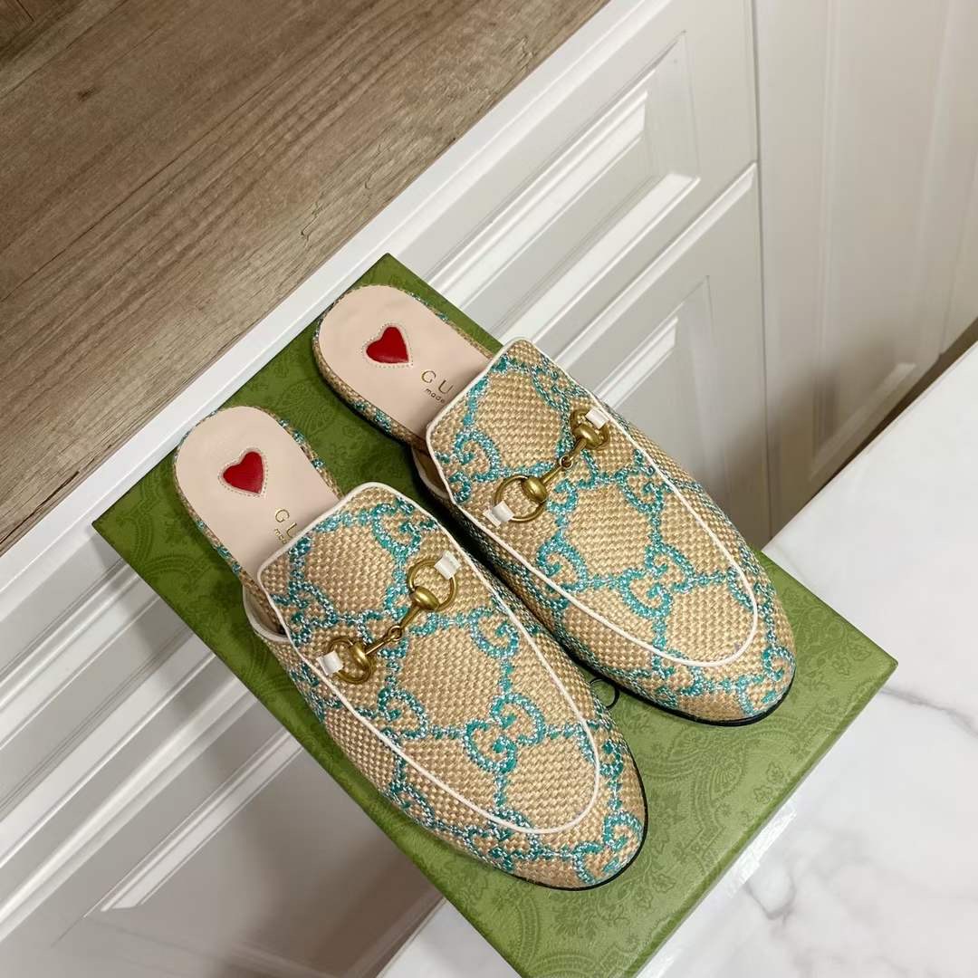 Gucci Princetown Raffia GG Logo Mules