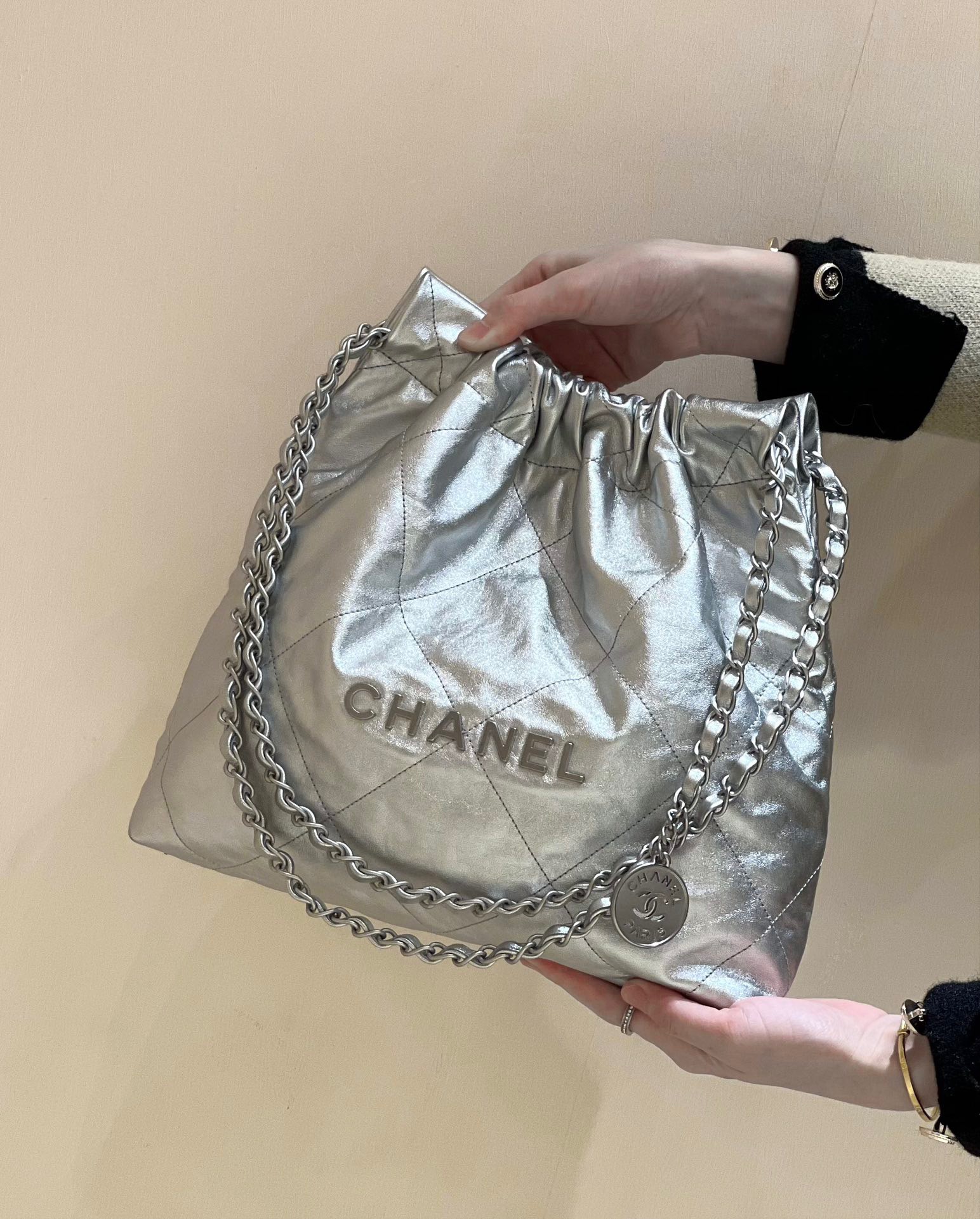 Chanel 22 Small Handbag Silver Metallic