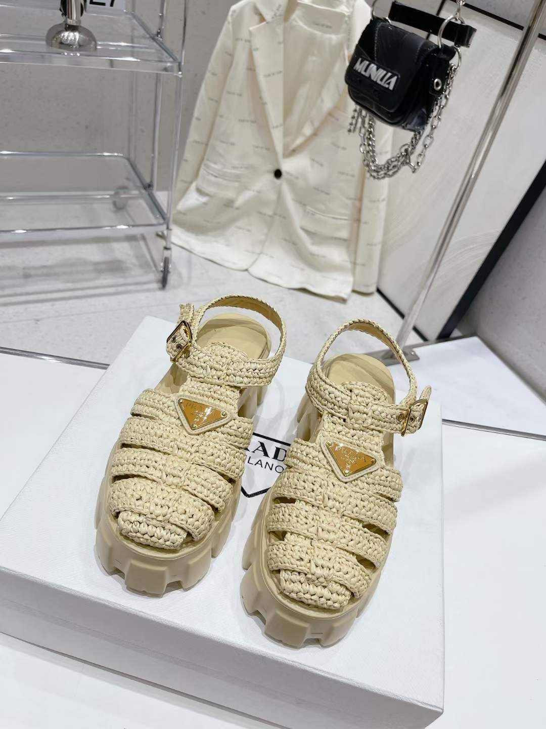 Prada Monolith Crochet Cage Sandals