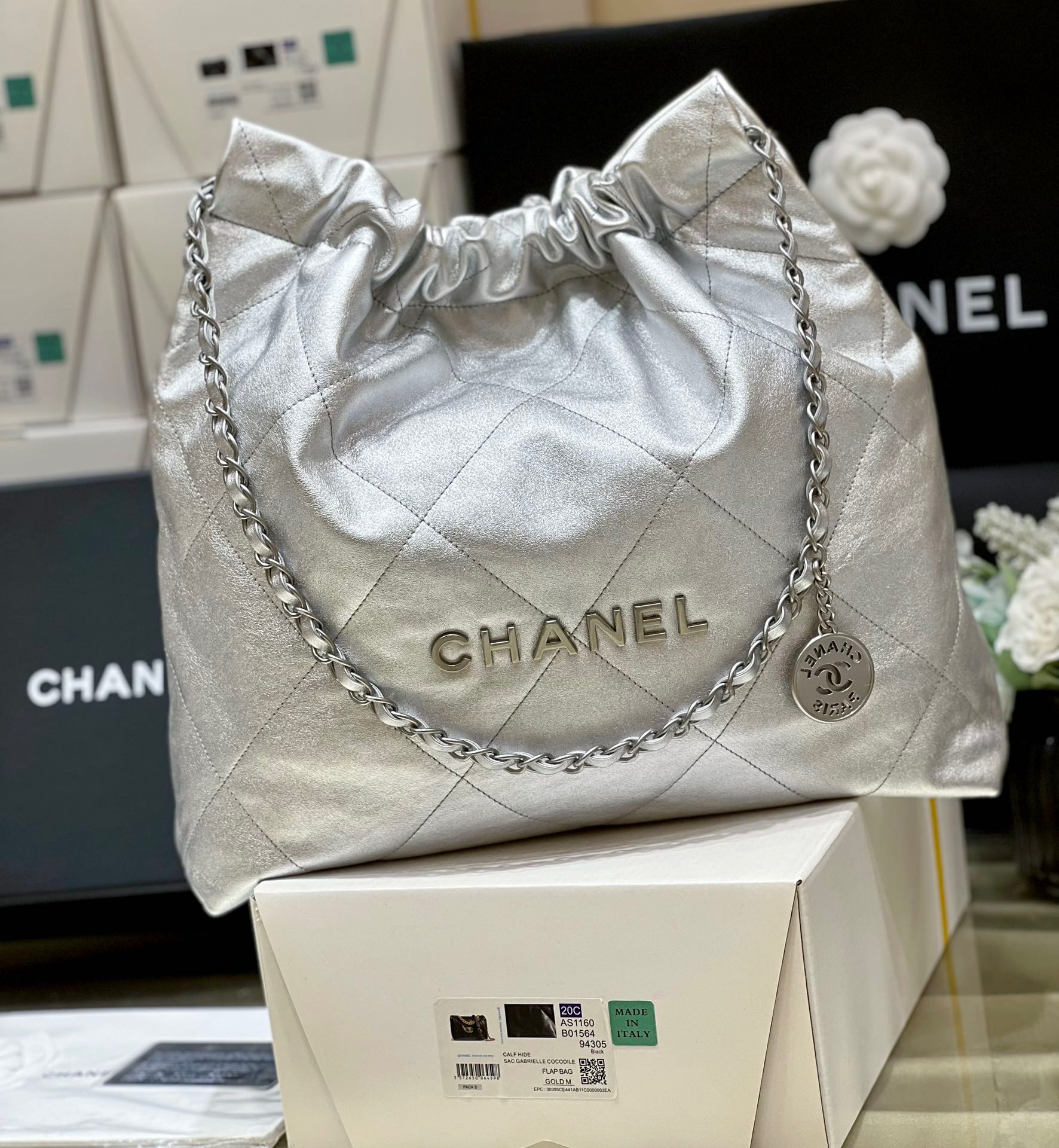 Chanel 22 Medium Handbag Silver Metallic