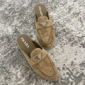 Prada Logo-Plaque Suede Mules