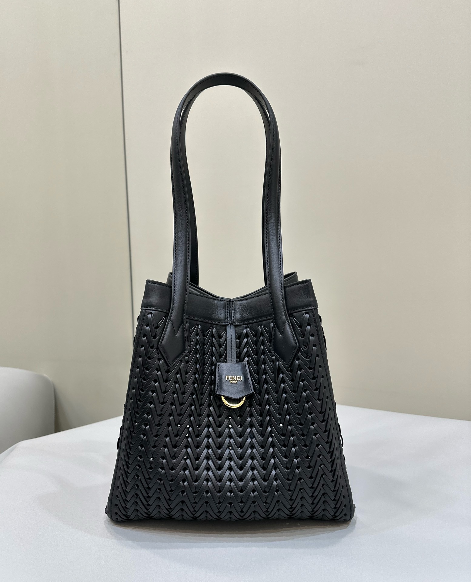 Fendi Medium Origami Bag Black Interlaced Leather