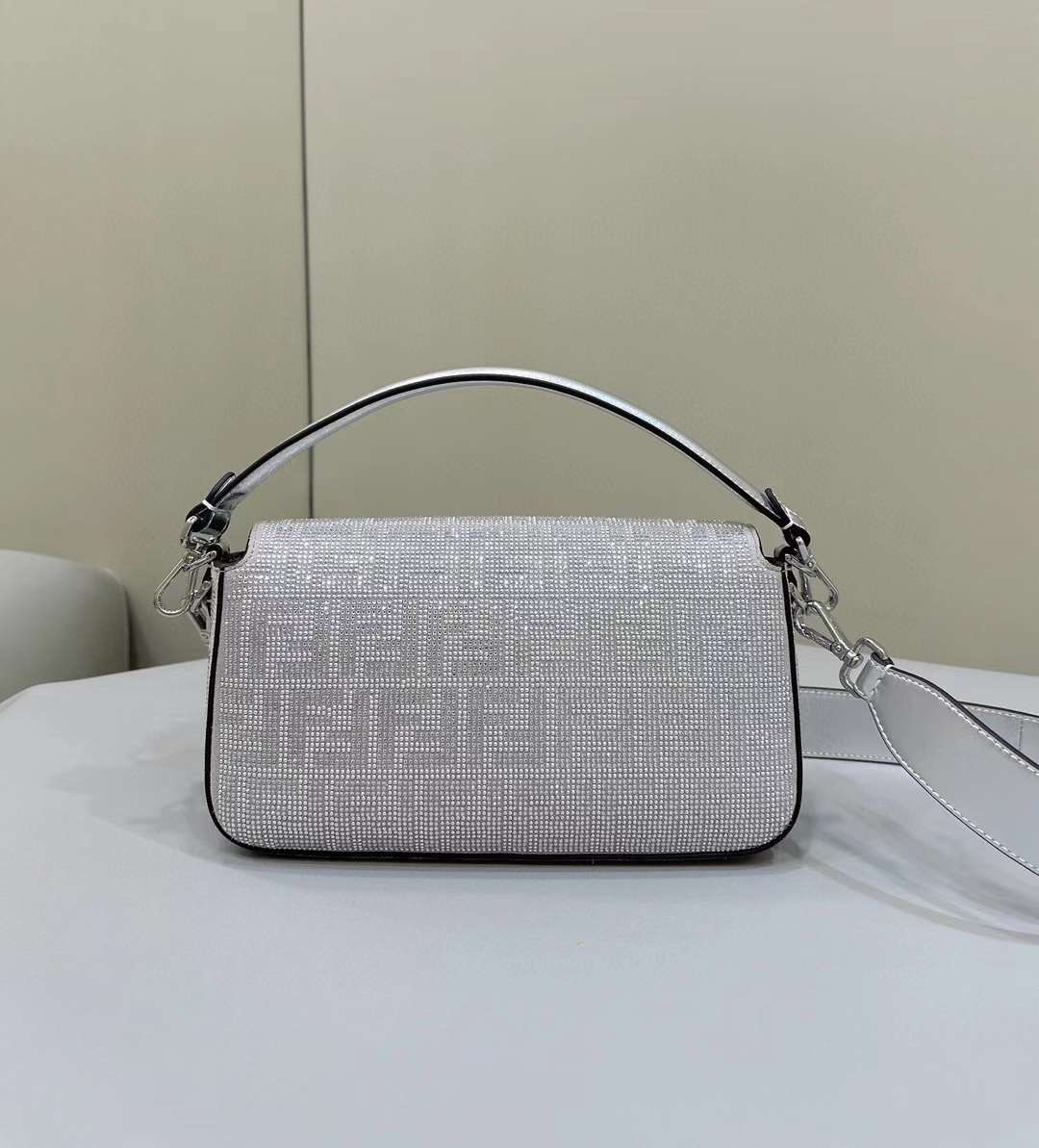 Fendi Baguette Silver Leather Bag With Crystal FF Motif Fendi Baguette Silver Leather Bag With Crystal FF Motif