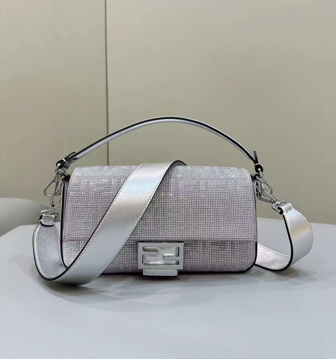 Fendi Baguette Silver Leather Bag With Crystal FF Motif