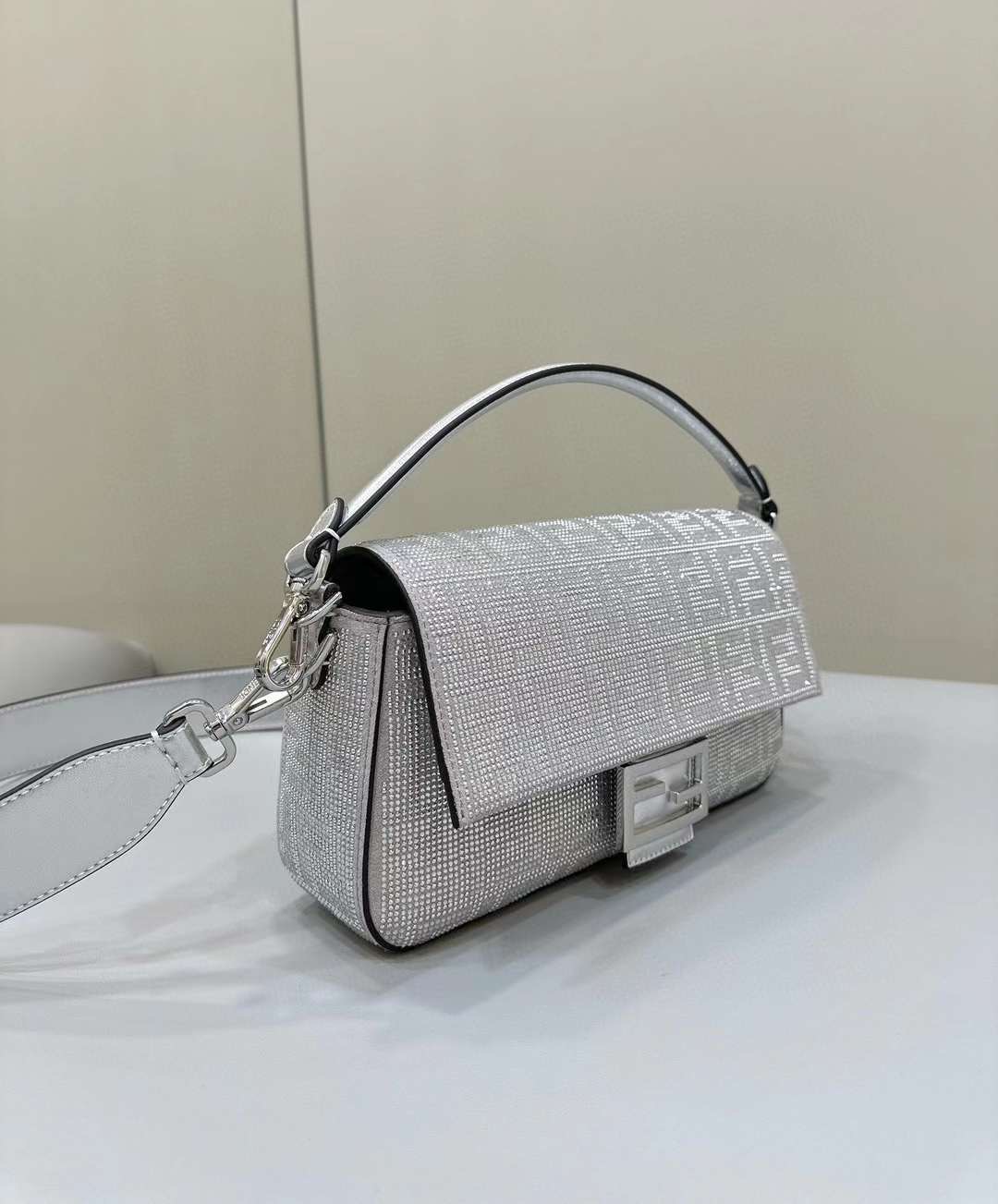 Fendi Baguette Silver Leather Bag With Crystal FF Motif Fendi Baguette Silver Leather Bag With Crystal FF Motif