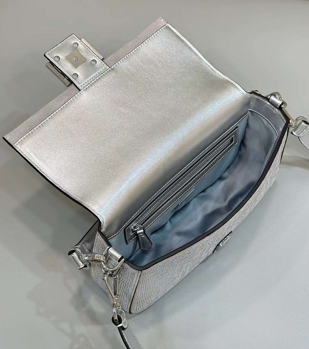 Fendi Baguette Silver Leather Bag With Crystal FF Motif Fendi Baguette Silver Leather Bag With Crystal FF Motif