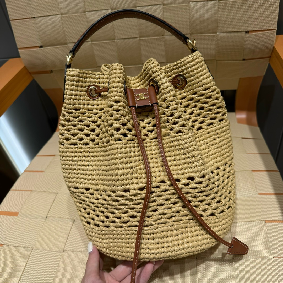 Celine Panier In Raffia And Calfskin
