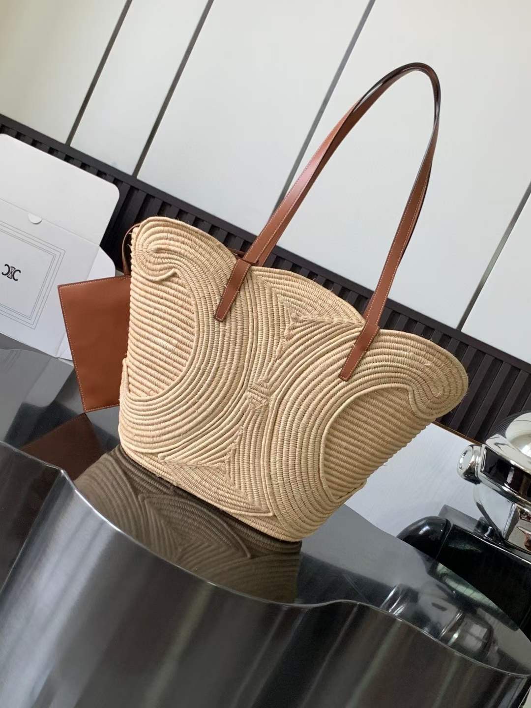 Celine Panier Braided Triomphe In Raffia And Calfskin